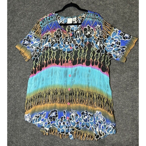 Roaman's Floral Print blue multi color Short Sleeve Button Up Blouse Size M - Picture 1 of 8